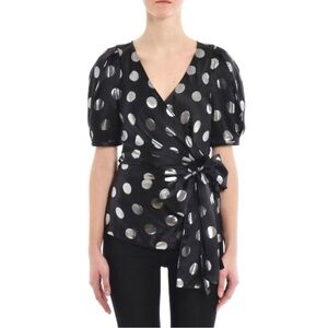 DVF Diane Von Furstenberg Larryn Blouse - Black & SilverPolka Dot Silk Wrap Top